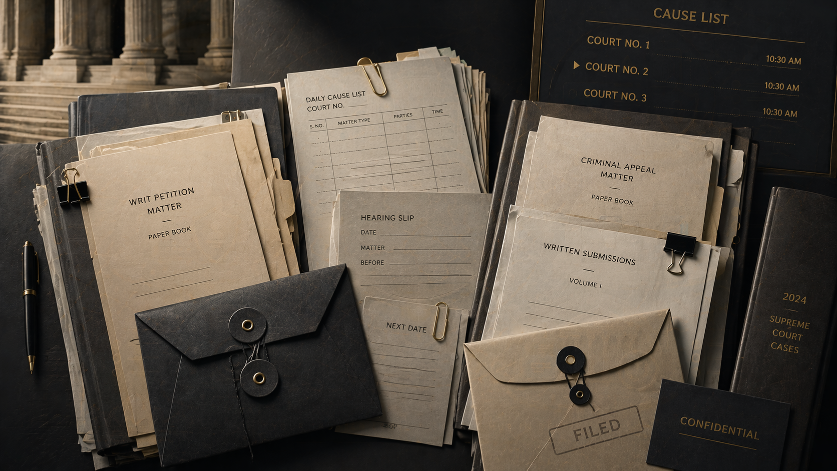 Editorial collage of litigation files, court listings, hearing slips, and sealed orders representing selected matters.