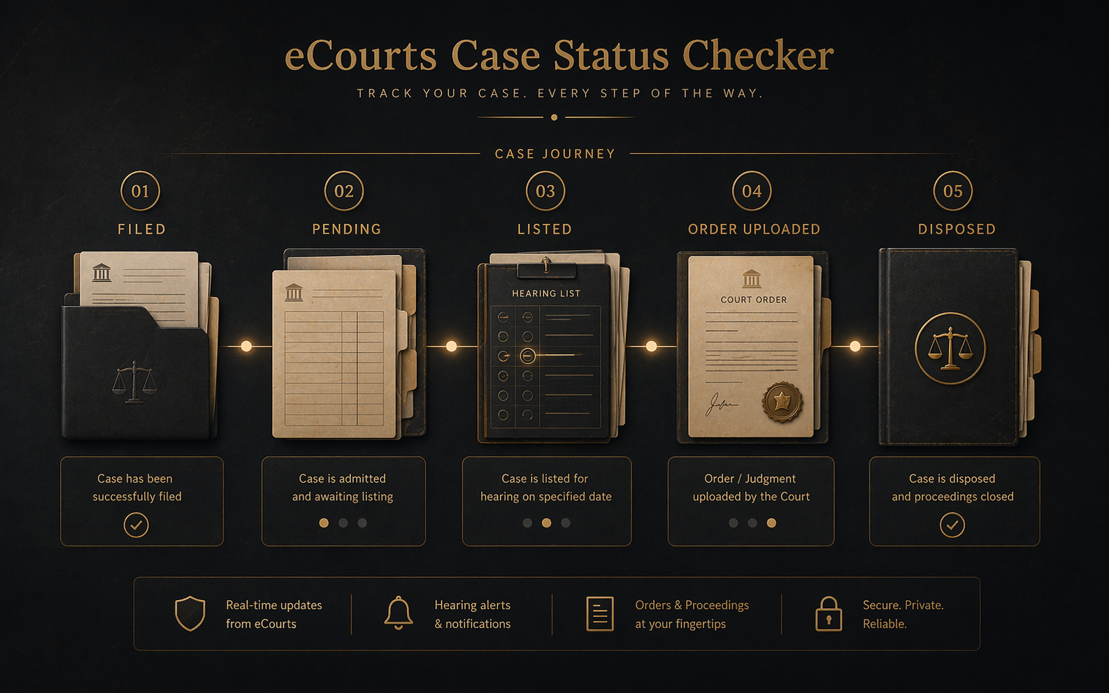 Editorial case journey graphic showing filing, pending, listed, order uploaded, and disposed stages in a litigation lifecycle.