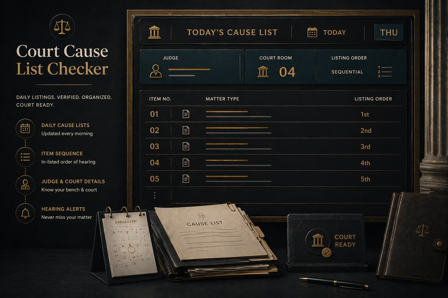Editorial visual of a court hearing-day board showing item numbers, judge assignment, courtroom listing, and hearing sequence.